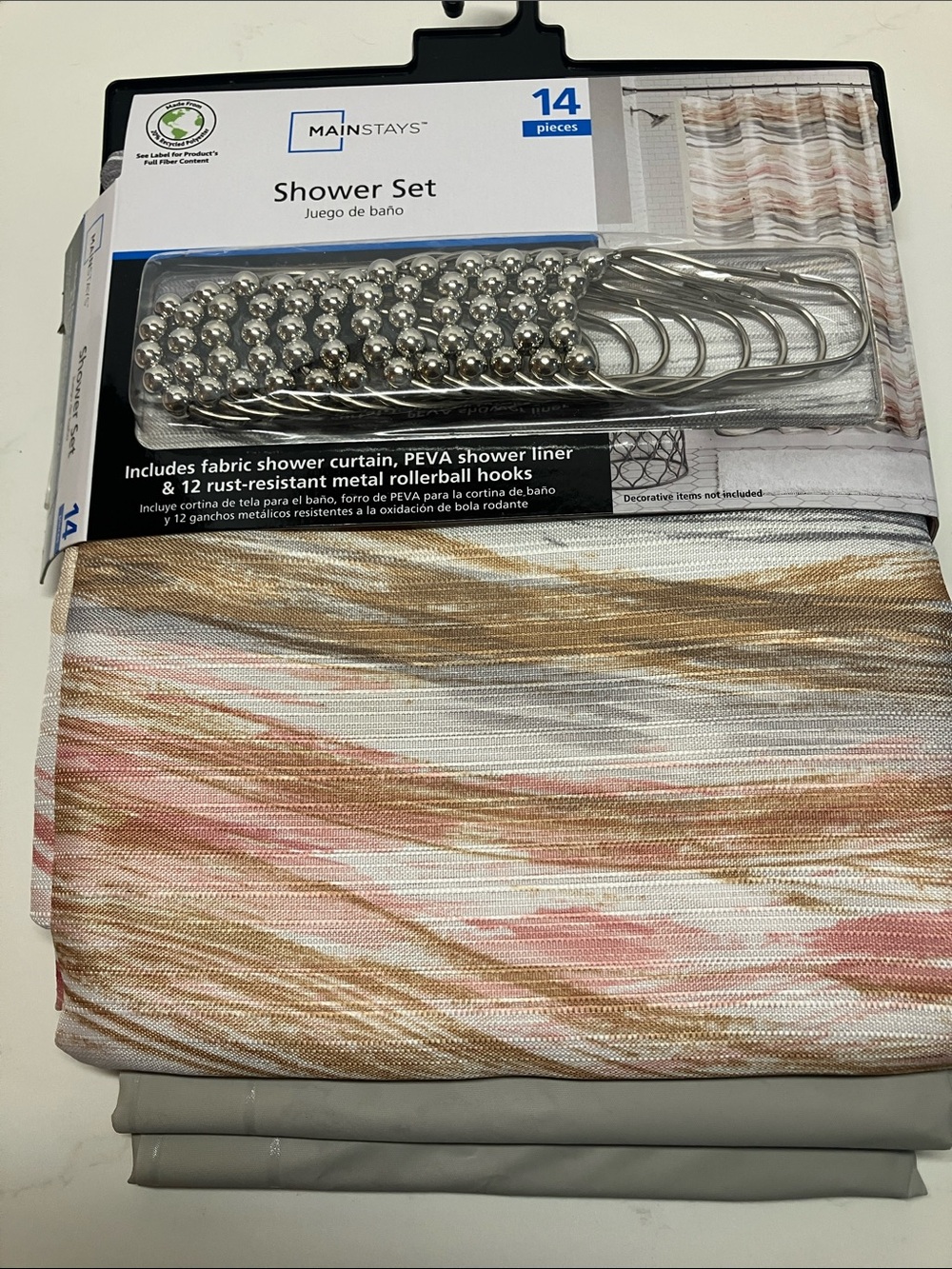 Mainstays Shower Curtain Set in Beige, Pink & White with Silver Hooks